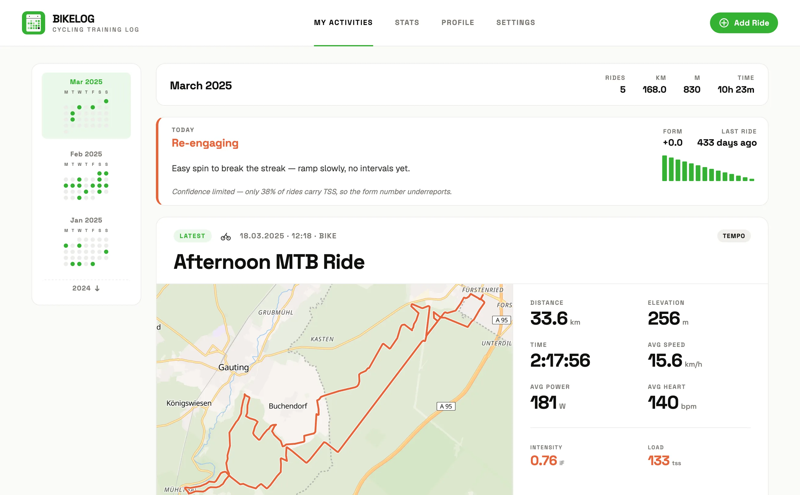 Bikelog activity list with ride cards