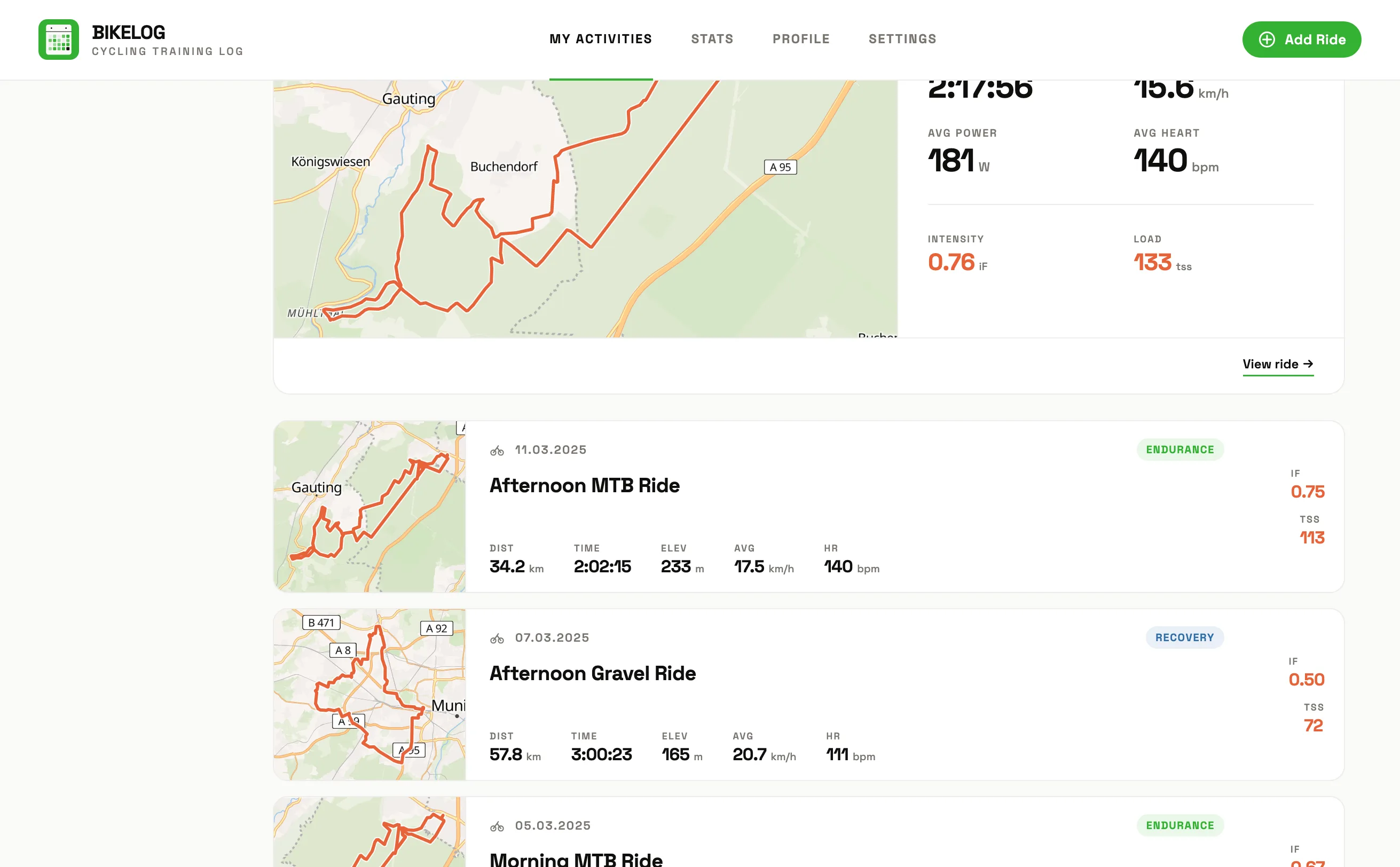 Bikelog activity feed for road, MTB, and gravel