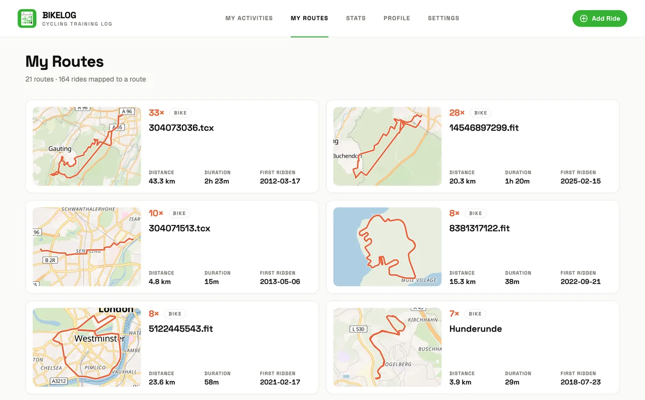 My Routes page showing a list of recurring cycling routes with maps and ride counts